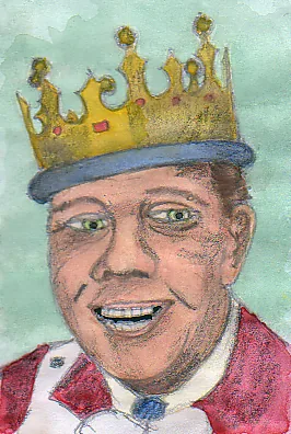 A watercolour portrait of King Corky, smiling, in a gold crown and a red robe, on pale green.