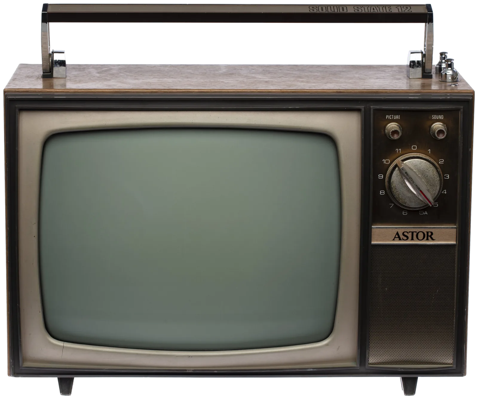 A portable television in a wood-grain case with a chrome handle across the top; beside the grey-green screen, picture and sound knobs, a channel dial numbered 0 to 11, and the word Astor.